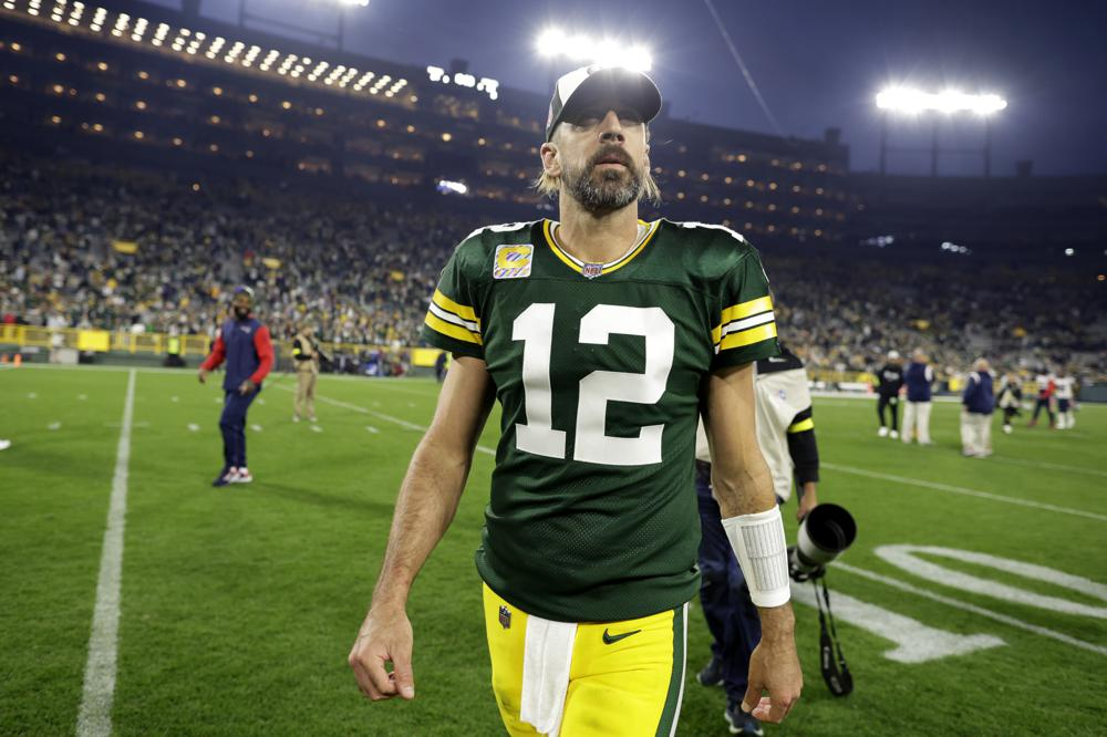 nfl 2022 green bay packers qb aaron rodgers walks off the field after game against new england patriots oct 2 2022 in green bay wis ap photo matt ludtke
