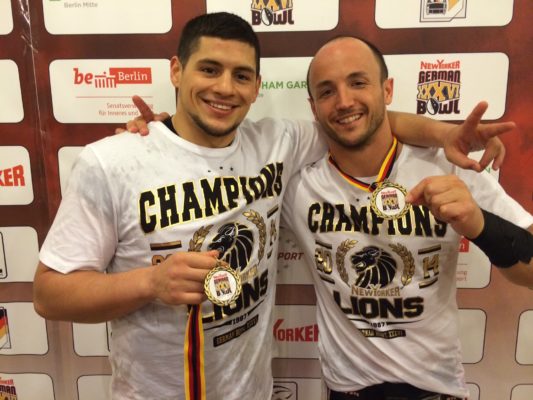  LB Kerim Homri (left), who was Braunschweig's leading tackler (7) and caught one interception, to the right is Christian Petersen, second leading tackler (5) and blocked the PAT attempt.