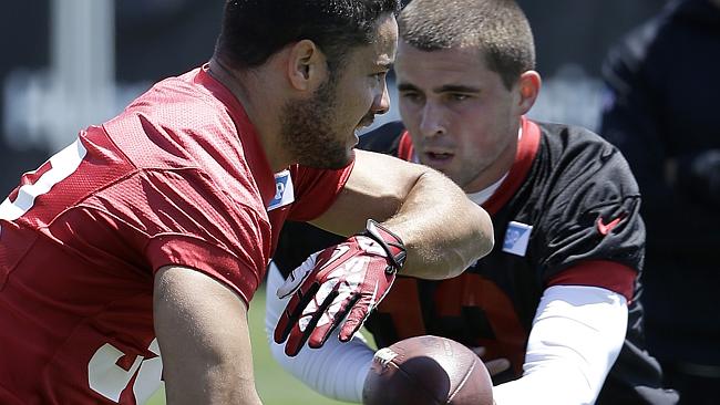 San Francisco 49ers quarterback Dylan Thompson hands off to running back Jarryd Hayne. Source: AP