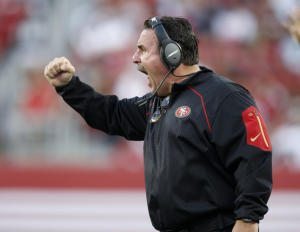 San Francisco 49ers head coach Jim Tomsula yells at his team during their game against the Dallas Cowboys in the fourth quarter of their NFL preseason game at Levi's Stadium in Santa Clara, Calif., on Sunday, Aug. 23, 2015.  (Nhat V. Meyer/Bay Area News Group)