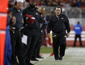 San Francisco 49ers head coach Jim Tomsula walks on the sidelines during their game against the San Diego Chargers in the third quarter of their NFL preseason game at Levi's Stadium in Santa Clara, Calif., on Thursday, Sept. 3, 2015.  (Nhat V. Meyer/Bay Area News Group)