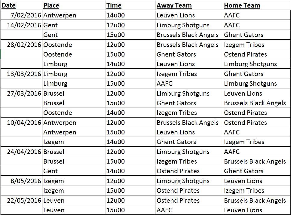 Belgium - FAFL 2016 schedule