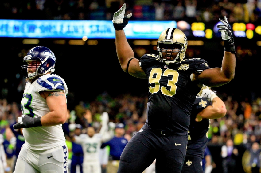 Oct 30, 2016; New Orleans, LA, USA; New Orleans Saints defensive tackle David Onyemata (93) celebrates after a defensive stop to win the game as time expired during the fourth quarter of a game against the Seattle Seahawks at the Mercedes-Benz Superdome. The Saints defeated the Seahawks 25-20. Mandatory Credit: Derick E. Hingle-USA TODAY Sports